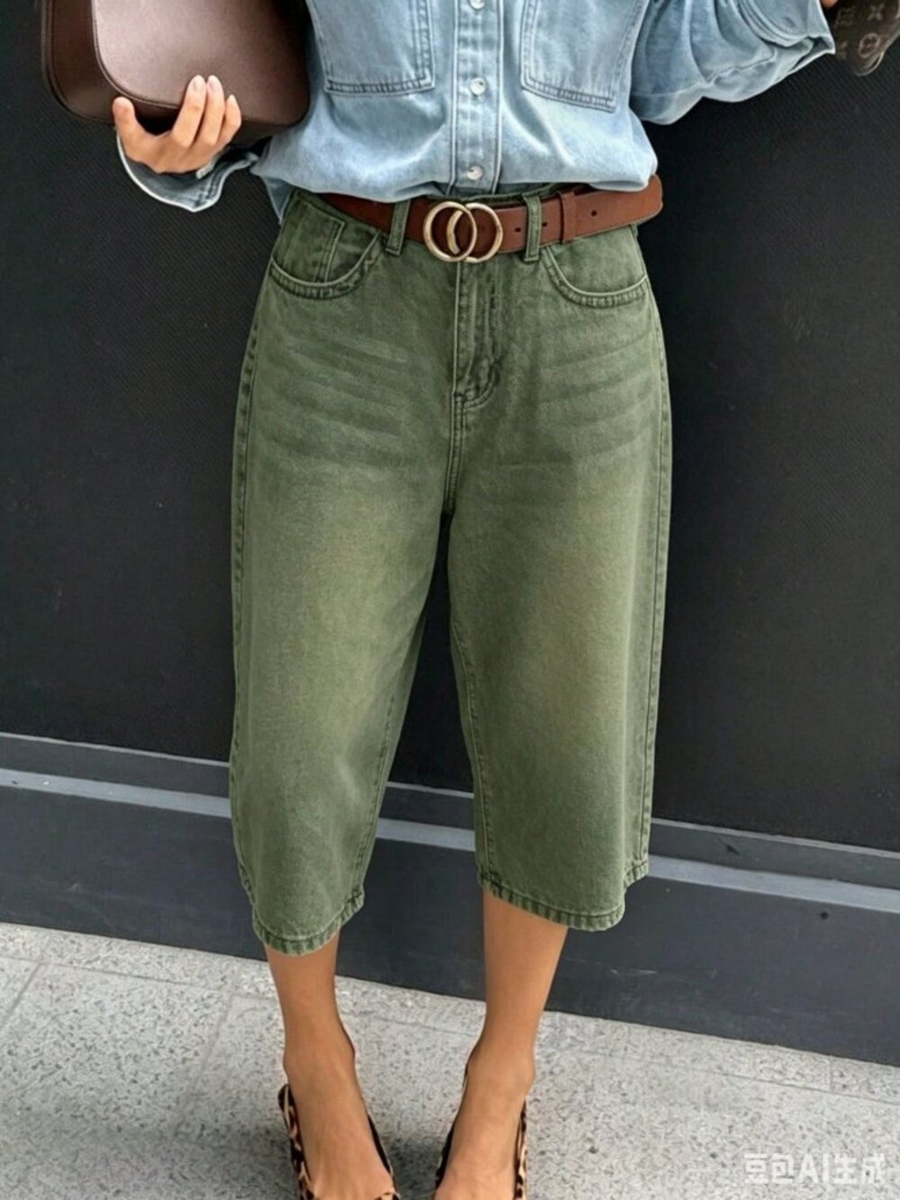 Green Casual Women's Denim Bermuda Shorts with Pockets